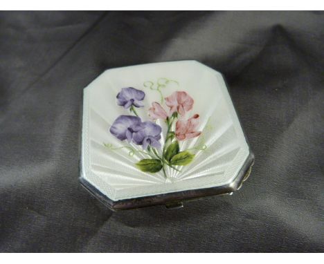 Hallmarked silver compact with cream Guilloche floral decorated enamel to front. 