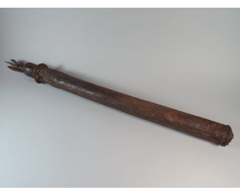 A Tribal Cylindrical Hunting Quiver Containing Seven Bamboo Arrows with Barbed Iron Points. Quiver 58 Cm Long. 