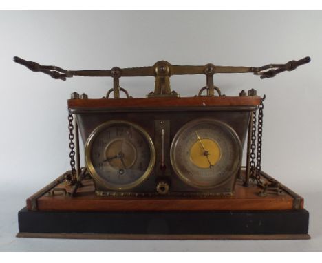 A Very Unusual French Industrial Desk Top Clock and Weather Station in the Form of a Mining or Railroad Hand Cart set with Cl