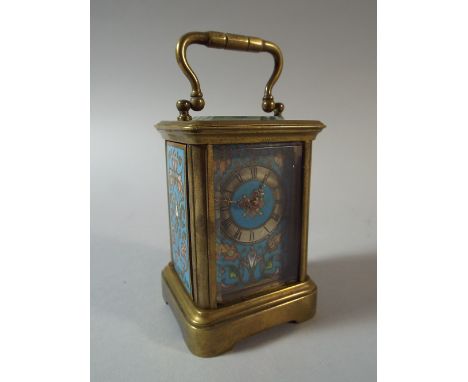 A Miniature French Brass Carriage Clock Decorated with Cloisonne Enamel Panels, Silvered Chapter Ring with Roman Numerals.