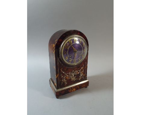 An Edwardian Inlaid Tortoiseshell Mantle Clock of Lancet Form Having Mauve Enamel Dial. Swag and Ribbon Decoration. Eight Day