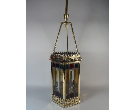 A Late Victorian Brass and Coloured Glass Hexagonal Hall Lantern Light Fitting with Pierced Borders. 109cm High