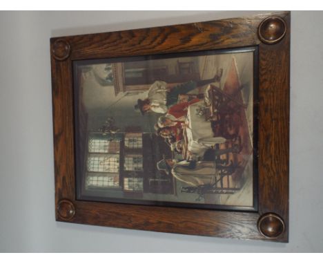 An Oak Framed Print Depicting Gents Playing Backgammon In Tavern.