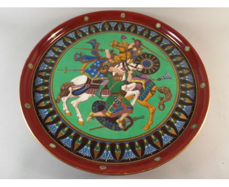 A Large Continental Circular Glazed Ceramic Tray Decorated in Multi Coloured Enamels Depicting Battle Scene with Cavalry Atta