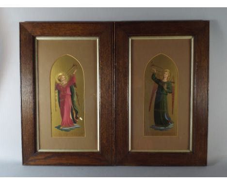 A Pair of Oak Framed Prints of Angels Playing Musical Instruments. 'Gloria in Excelsis' and 'Te Deum Laudamus'. Each 21x39cm