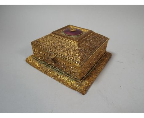 A 19th Century Continental Gilt Bronze Jewellery Box with Enamel Top and with Later 1930's Tennis Inscription to the Undersid