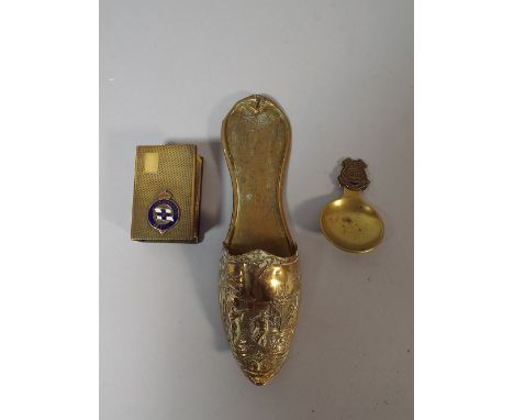 A Brass and Enamel Matchbox Holder, A Slipper Wall Pocket and a Glasgow Tea Caddy Spoon.