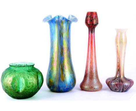 Jugendstil Glas Sammlung um 1900, u.a. Pallme-König, Loetz, Kralik,4 Jugendstil Glas Vasen, u.a. Pallme-König, Loetz, Kralik,