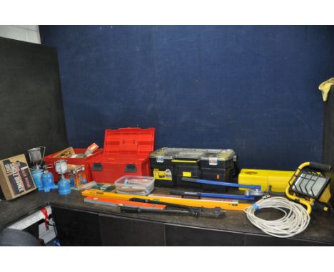 TWO PLASTIC TOOLBOXES AND A BOX CONTAINING TOOLS and a B&amp;Q laser level including a Record Solo 15 pipe bender, Wickes bol