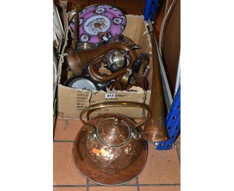 ONE BOX OF METALWARE, comprising a large copper kettle, a copper bed warmer, a framed watercolour of 'Ticknall Church' by Pam