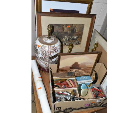 A BOX AND LOOSE OF LAMPS, PICTURES, PIPES AND VINTAGE STATIONERY ITEMS, to include a pair of table lamps, the bases in the fo