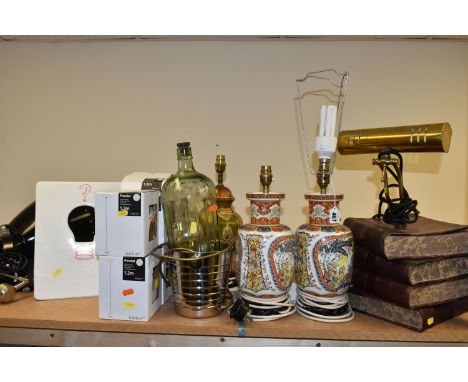 A GROUP OF NOVELTY LAMPS, comprising six boxed Habitat Pendel light fittings, a novelty 'Poison bottle' in a wine cooler tabl