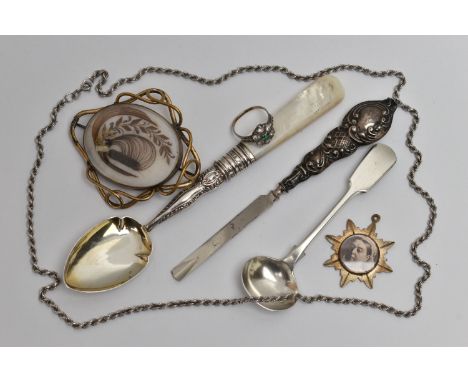 A SMALL PARCEL OF SILVER, GILT METAL, ETC, including a Victorian gilt metal hair mourning brooch, a Victorian '1887 Jubilee Y