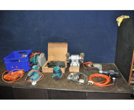 A BLACK AND DECKER KD574CRE HAMMER DRILL AND A MAKITA BO4510 SANDER (both PAT pass and working) along with seven vintage Blac