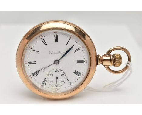 A GOLD PLATED 'HAMILTON' POCKET WATCH, manual wind open face watch, white dial signed 'Hamilton', Roman numerals, subsidiary 