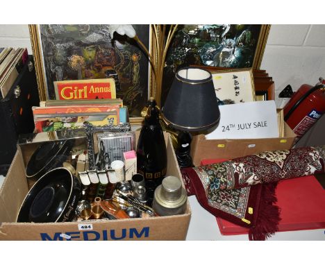 THREE BOXES OF MISCELLANEOUS SUNDRIES, to include a BOC soda syphon, two table lamps, two Dufex foil prints 'Mr. Mole Propose