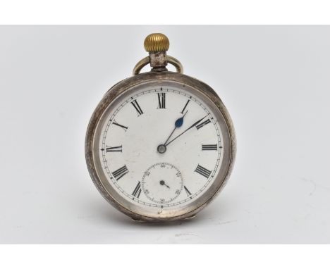 AN OPEN FACE POCKET WATCH, manual wind, round white dial, Roman numerals, subsidiary seconds dial at the six o'clock position