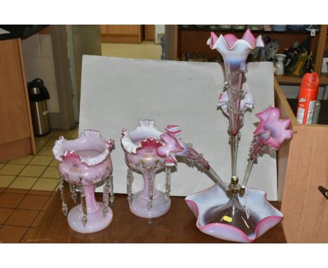 A LATE VICTORIAN GLASS EPERGNE AND PAIR OF LATE 19TH CENTURY GLASS LUSTRES, the epergne in opalescent white and pink vaseline