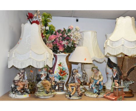 A GROUP OF CAPODIMONTE FIGURES, TABLE LAMPS AND DECORATIVE HOMEWARES, to include six Capodimonte figures, four of which are n