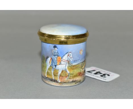 A PETER GRAVES (HERITAGE COLLECTIONS ENGLISH ENAMEL BOXES) CYLINDRICAL BOX WITH HINGED COVER, hand painted with a titled scen