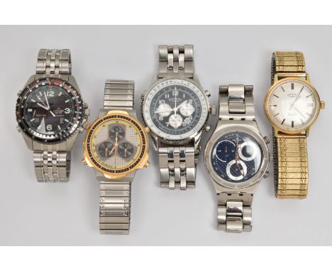 FIVE ASSORTED WRISTWATCHES, to include a 'Rotary' Chrono speed, 'Swatch' Irony, 'Citizen' WR100, 'Citizen' quartz and a Rotar