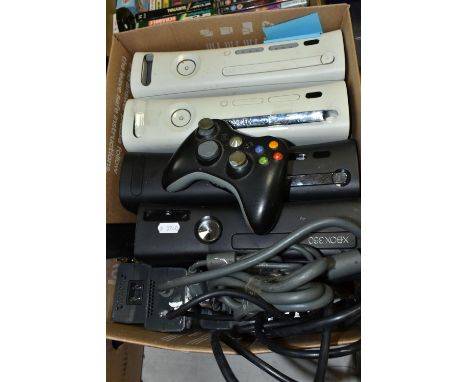 FOUR XBOX 360S, one works, one turns on but has a faulty disc tray, one doesn't turn on, and the last one has its AV port blo