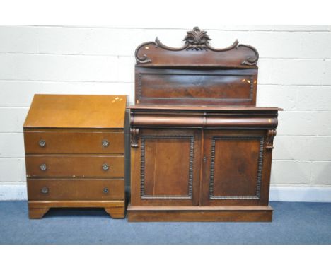 A VICTORIAN MAHOGANY CHIFFONIER, the raised back with scrolled foliate details and a single shelf, the base with two drawers,