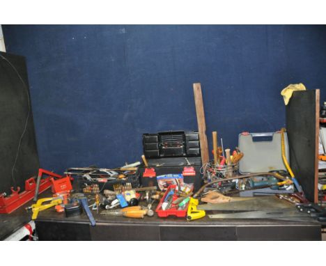 A PLASTIC TOOLBOX AND A TRAY CONTAINING TOOLS including a Record 24 Stilson, Maples and other wood chisels, Spear and Jackson