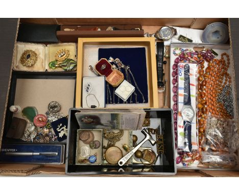 A BOX OF ASSORTED JEWELLERY AND ITEMS, to include ten white metal pendant necklaces, a boxed pair of white metal sleeper hoop