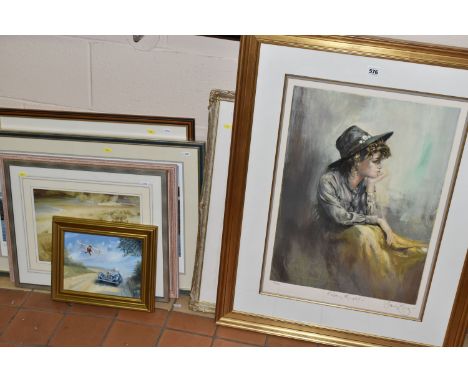 SEVEN PAINTINGS AND PRINTS, comprising a Howard Hooker oil on board depicting a vintage sports car racing a vintage bi-plane,