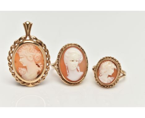 A 9CT GOLD CAMEO PENDANT AND TWO 9CT GOLD CAMEO RINGS, the first a shell cameo set in a yellow gold mount with a twisted rope