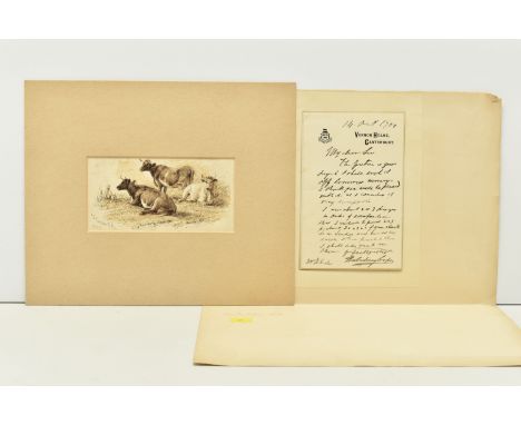 THOMAS SIDNEY COOPER (1803-1902) A PEN SKETCH AND LETTER, the sketch depicts cattle at rest in a field, signed and dated 1884