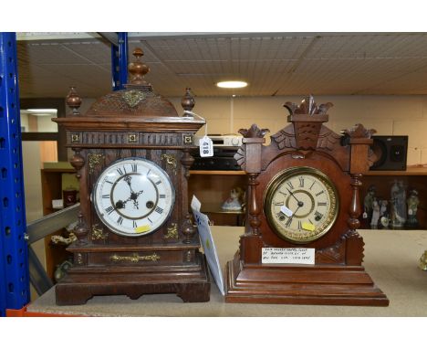 TWO LATE 19TH /EARLY 20TH CENTURY MANTEL CLOCKS, comprising a walnut cased American Ansonia example with paper dial, Roman nu