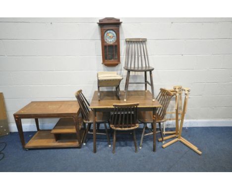 A RECTANGULAR KITCHEN TABLE, four spindle back chairs, two tapestry stands, a gout stool, a wall clock, a teak mirror and a R