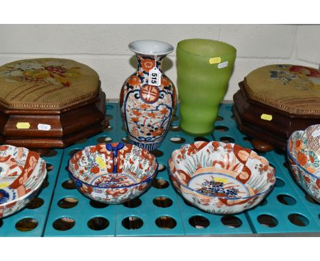 A PAIR OF VICTORIAN OCTAGONAL WALNUT TAPESTRY TOP FOOTSTOOLS, FIVE PIECES OF JAPANESE IMARI PORCELAIN AND A MODERN YELLOW GLA