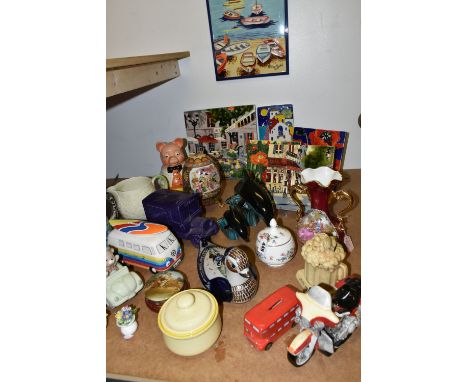 A GROUP OF CERAMICS, to include six tube lined decorative tile pictures, a Minton Marlow covered bowl, two Poole Pottery dolp