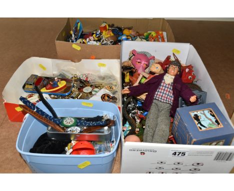 FOUR TRAYS OF MID CENTURY COLLECTABLES, to include metal pin badge collection, a collection of over fifty key fobs, to includ