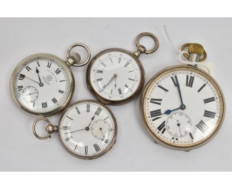 FOUR POCKET WATCHES, to include a manual wind goliath pocket watch, base metal case, approximate case width 65.9mm, a white m