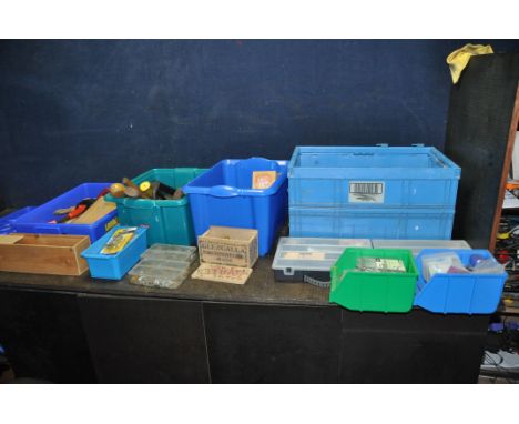 FOUR TRAYS CONTAINING TOOLS AND HARDWARE including Surforms, scrapers, hammers axes, screws, nuts and bolts