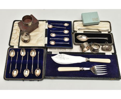 A BOX OF ASSORTED SILVER ITEMS, to include a cased set of seven golfing teaspoons, each hallmarked Birmingham, a cased set of