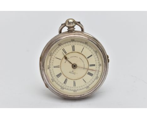 A LATE VICTORIAN SILVER OPEN FACE POCKET WATCH, key wound, round discoloured dial signed 'Marine Decimal Chronograph 5 44590'