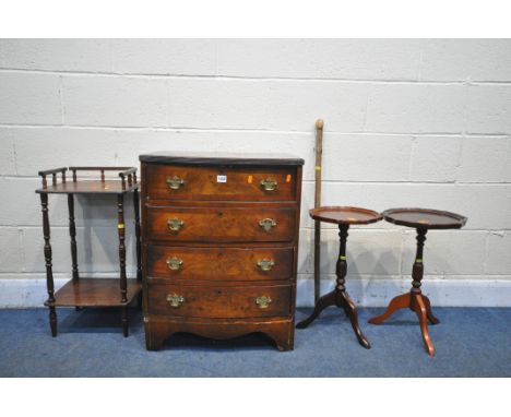 A GEORGIAN STYLE WALNUT BOWFRONT, CHEST OF FOUR DRAWERS, width 59cm x depth 44cm x height 75cm, two tripod tables, a walking 