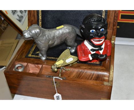 A CAST NUTCRACKER AND  A VICTORIAN WRITING SLOPE, ETC, comprising a very heavy cast metal nut cracker in the form of a dog Pa