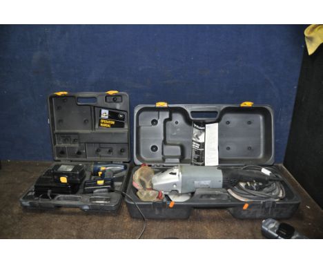 A WICKES PROFESSIONAL 9in ANGLE GRINDER IN CASE and a Performance Power 18v cordless drill with two batteries, charger and ca