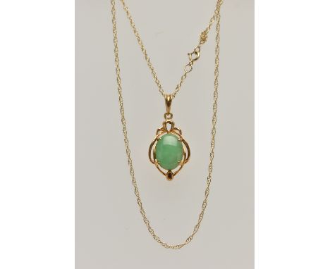 A GEM SET PENDANT AND CHAIN, the oval jade cabochon in a four claw setting with a scrolling surround, suspended from a fine r