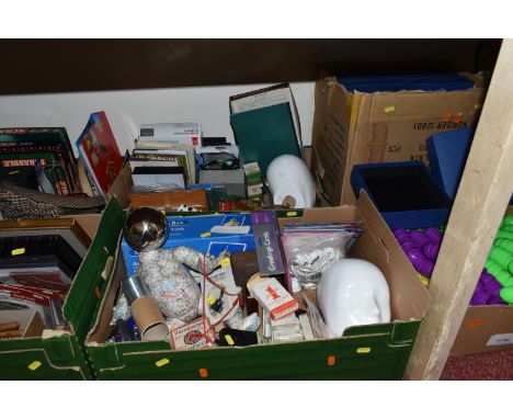 SIX BOXES OF SUNDRIES, to include a box of twenty new and unused navy blue ridged cardboard gift boxes with black foam lining