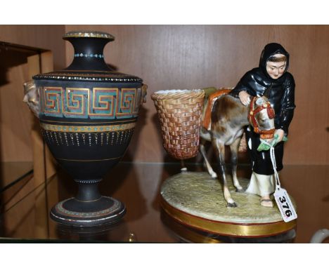 A DERBY CROWN PORCELAIN FIGURAL CENTREPIECE MODELLED AS A FRIAR WALKING WITH A DONKEY  AND A 19TH CENTURY PORCELAIN VASE, the