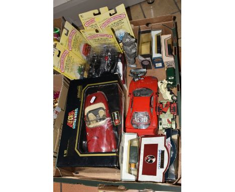 A BOX OF DIECAST TOYS ETC, to include a boxed Burago Jaguar E Cabriolet 1/18th scale, unboxed Burago Ferrari F40, Sealed Matc