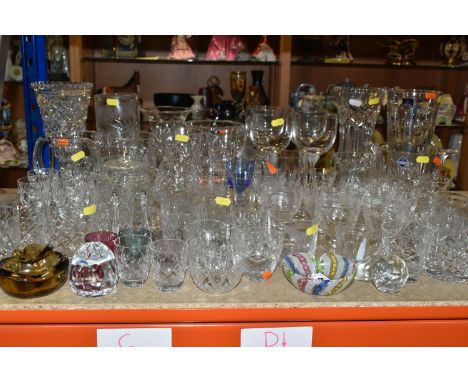 A GROUP OF CUT GLASS, comprising a Royal Doulton vase, height 25.5cm, a set of four Villeroy &amp; Boch red wine glasses, a V