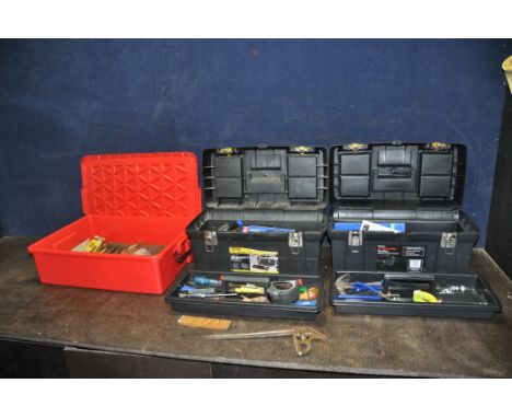 A PLASTIC TRAY AND TWO PLASTIC TOOLBOXES CONTAINING TOOLS including multimeters, wire stripper, spirit level, screwdrivers, h